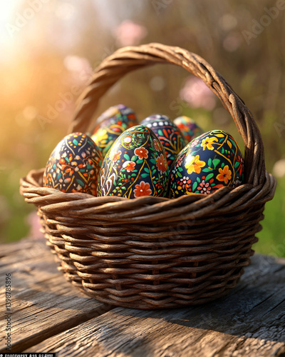 Basket with Easter egg outdoors on rustic table