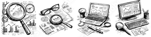 Charts and graphs display business analysis tools in a workspace setting during the daytime