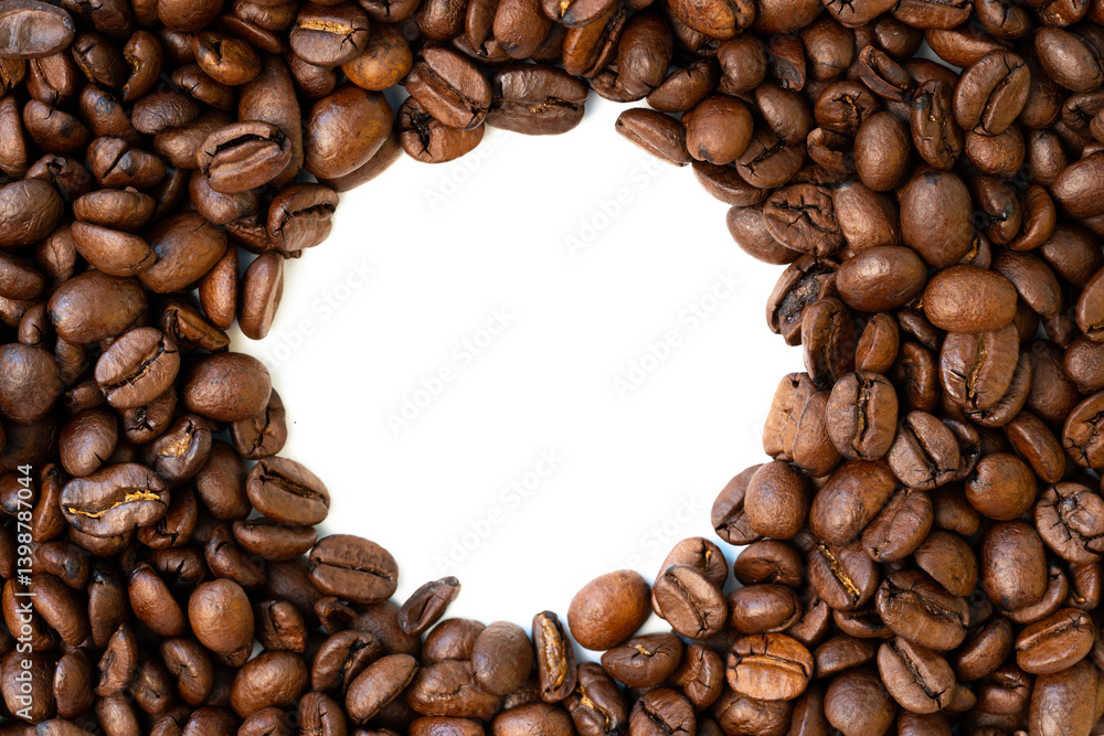 Roasted coffee beans arranged in a circular frame on a white background, perfect for coffee-themed designs or branding. Roasted coffee beans arranged in a circular frame on a white background, perfect for coffee-themed designs or branding.