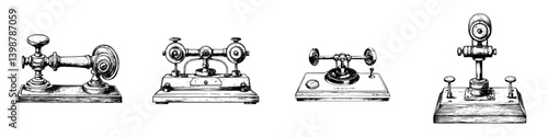 Various vintage telegraph devices displayed on a white background showcasing historical communication technology