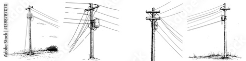 Power poles stand tall in a rural landscape, showcasing utility infrastructure against a clear sky