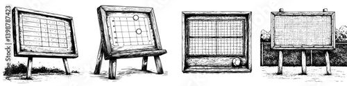 Wooden boards display sports strategies and scores at a local outdoor facility during a sunny afternoon