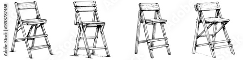 Foldable wooden chairs arranged in different positions for versatile seating options in various settings