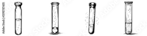 Collection of different glass test tubes containing liquids with varying levels and bubbling effects
