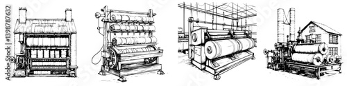 Historic textile machinery displayed in an industrial setting showcasing traditional fabric production techniques