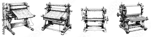 Historical weaving machines displayed in a craft workshop highlighting traditional textile production techniques