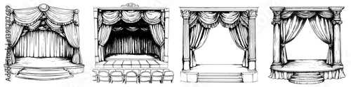 Vintage theater stage designs featuring ornate curtains and varied styles for performance settings