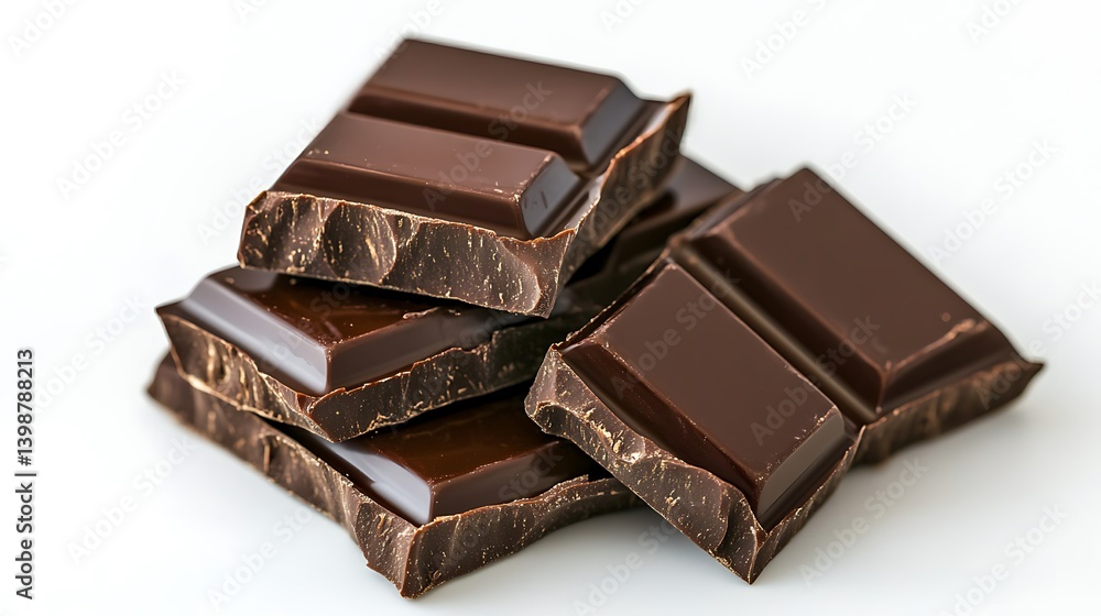 Luxurious dark chocolate squares with a glossy surface and slight melted edges stacked elegantly on a pure white background. Luxurious dark chocolate squares with a glossy surface and slight melted edges stacked elegantly on a pure white background.