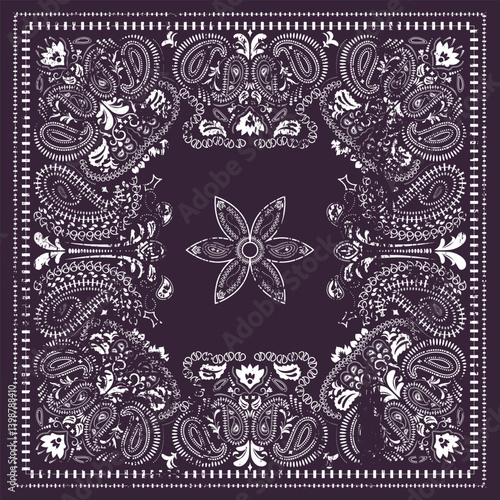Bandana with paisley pattern and grunge texture. Scarf, fabric, and textile backgrounds. Bandana print in purple tones, featuring ethnic ornaments and abstract swirls.