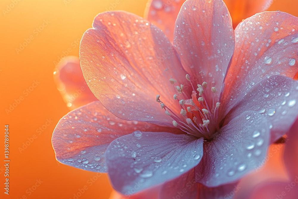 Fototapeta premium Delicate pink flower with droplets at sunset