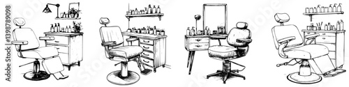 Different styles of barber and beauty salon chairs arranged in a tidy interior with shelves of products visible