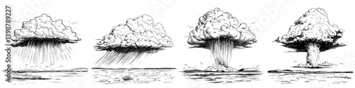 Various stages of a storm cloud formation over a dry landscape showcasing dramatic rainfall and explosive thunderstorm activity