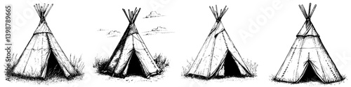 Various styles of teepees in a natural setting showcasing traditional indigenous housing craftsmanship