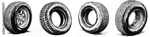 Different types of tires displayed in a row showcasing various designs and tread patterns for vehicles