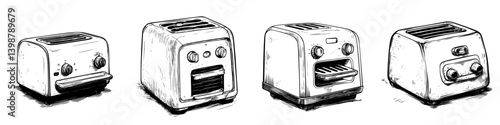 Different styles of toasters arranged in a row showcasing varied designs and features in a simple kitchen setting