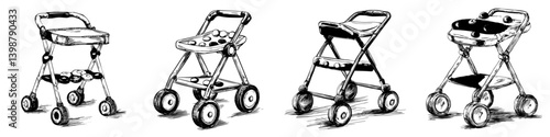 Unique sketches of multi-functional baby strollers with varied designs and features displayed on a white background