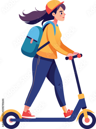 Stylish girl riding electric scooter in city with backpack