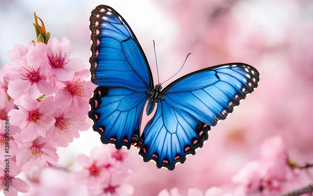 Blue Morpho Butterfly on Pink Cherry Blossoms Spring Flower Blue Morpho Butterfly on Pink Cherry Blossoms Spring Flower