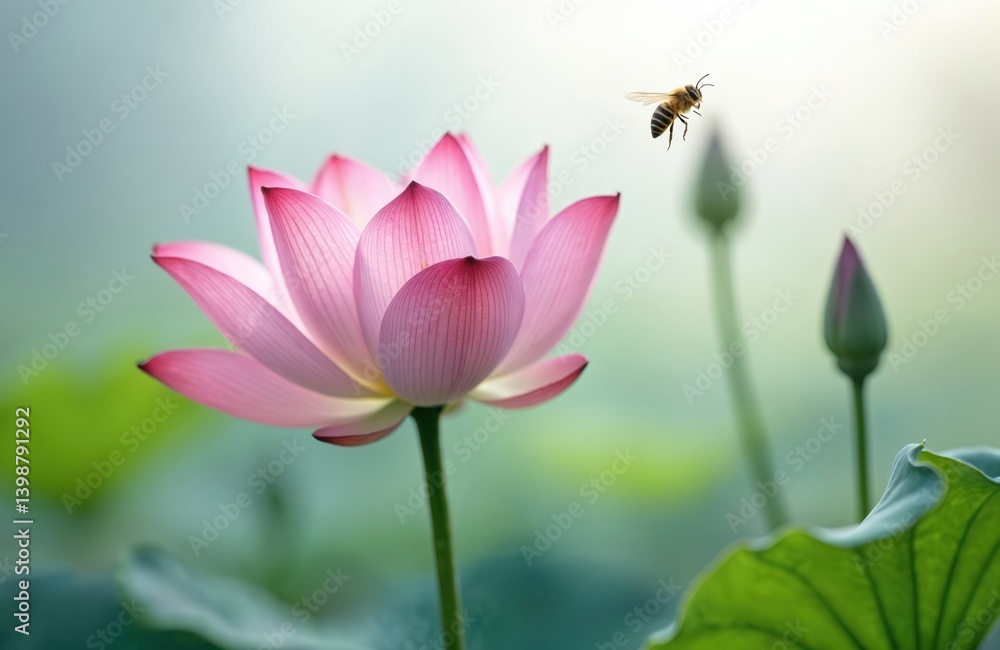 Pink lotus flower in full bloom. Delicate petals, bee flying near. Water lily plant. Nature, spring, blossom, garden, bloom, flower, beauty, floral, plant, macro, leaf, summer, beautiful. Peaceful, Pink lotus flower in full bloom. Delicate petals, bee flying near. Water lily plant. Nature, spring, blossom, garden, bloom, flower, beauty, floral, plant, macro, leaf, summer, beautiful. Peaceful,