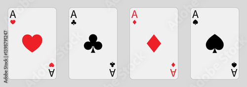 Four aces playing card icon set. Hearts, clubs, diamonds, spades ace. Suit deck of playing cards isolated. Casino gambling concept. Poker cards suits. Flat design. Vector illustration.