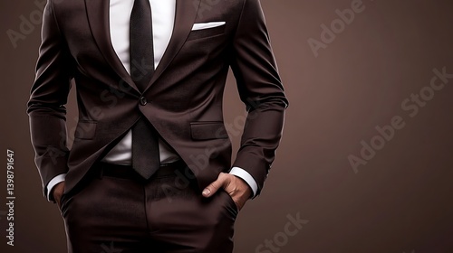 A stylishly presented man in a sophisticated dark brown suit.