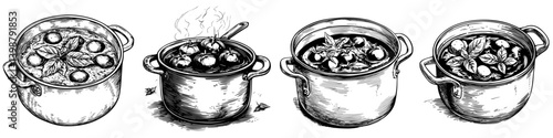 Cooking different dishes in various pots with fresh ingredients on display in a warm kitchen setting during daylight hours