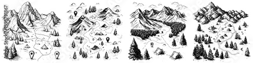 Hand-drawn adventure map illustrating mountain trails, campsites, and scenic locations in an outdoor wilderness setting