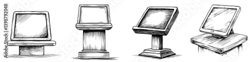 Various designs of digital display stands showcasing sleek and modern concepts for presentation and information delivery
