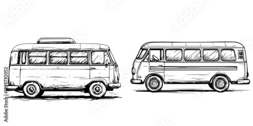 Vintage bus sketches illustrating two different side views in a minimalist style set against a plain background