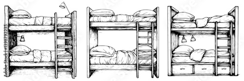 Detailing of three distinct designs for bunk beds showcasing various features and styles for children&#39;s rooms or small living spaces