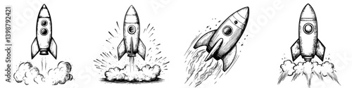 Rocket illustrations showcasing various designs and stages of launch with details of propulsion jets and smoke effects