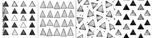 Patterns of triangular shapes in various styles displayed on a light background in a harmonious arrangement