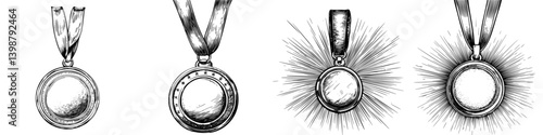 Various styles of medals displayed with different designs and finishes on ribbons for recognition or achievement
