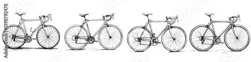 Detailed sketches of four bicycle designs showcasing different styles and configurations for urban cycling enthusiasts