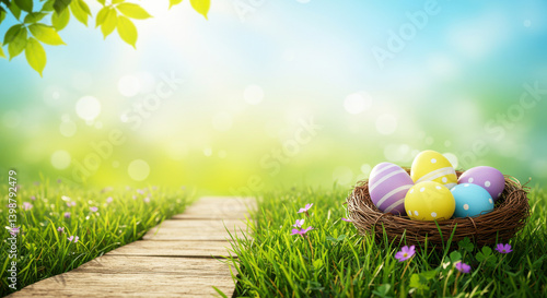 Pastel Easter Eggs on Wooden Path in Spring Meadow – Dreamy Springtime Scene with Soft Focus and Watercolor Effect