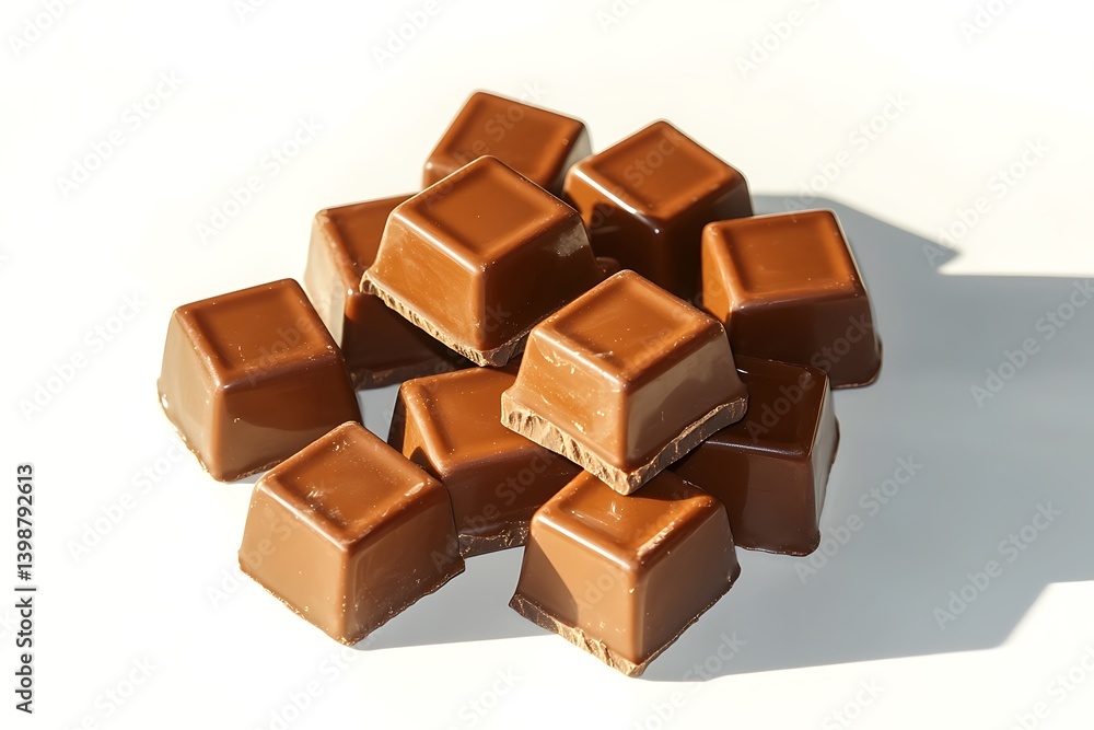 Small chocolate cubes with a deep brown glossy finish, stacked randomly with soft natural shadows on a clean white backdrop. Small chocolate cubes with a deep brown glossy finish, stacked randomly with soft natural shadows on a clean white backdrop.