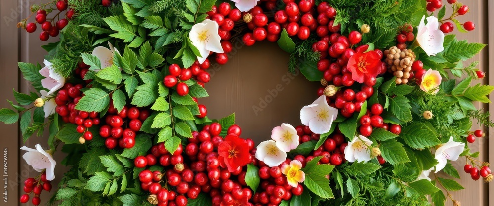 A vibrant wreath overflowing with lush greenery, red berries, and assorted blooms, festive, photo, leaves
