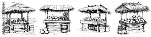 Market stalls featuring fresh fruits and vegetables at a coastal location with tropical elements