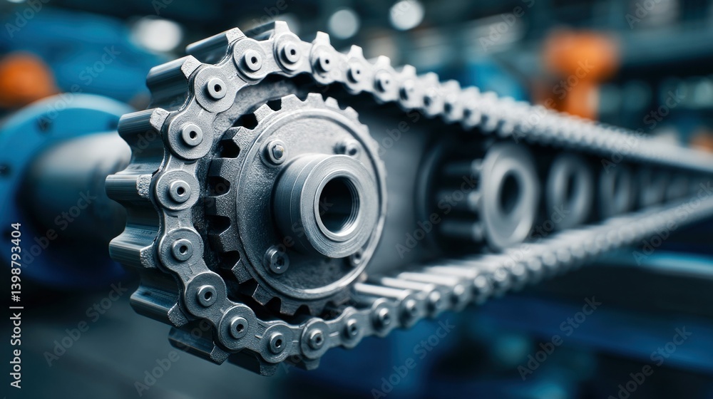 Fototapeta premium A detailed image highlights an industrial chain and gear system, showcasing engineering and mechanics.