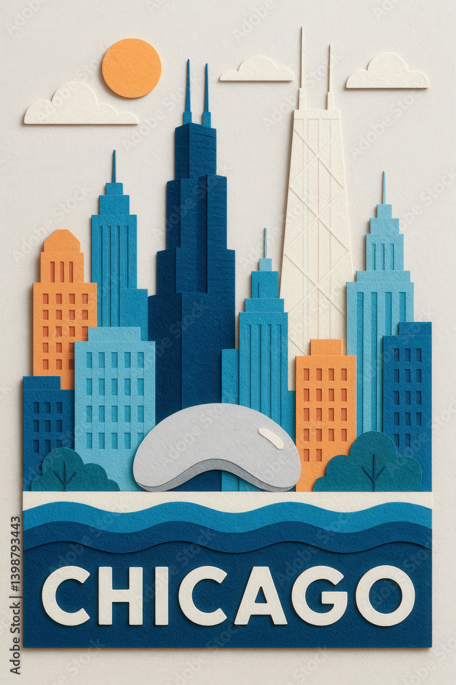 Fototapeta premium Colorful paper cutout illustration of iconic Chicago skyline with modern skyscrapers