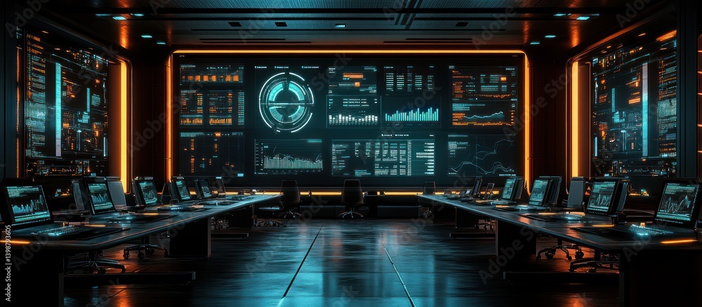 Futuristic control room with large screens displaying data analytics. Futuristic control room with large screens displaying data analytics.