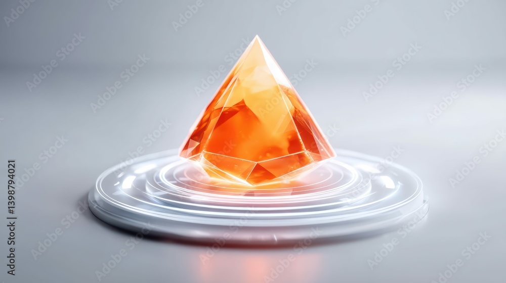 An illuminated orange crystal pyramid radiates on a futuristic, circular platform and a neutral background.