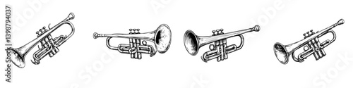 Multiple brass trumpets displayed in various angles showcasing intricate design during a music festival setup