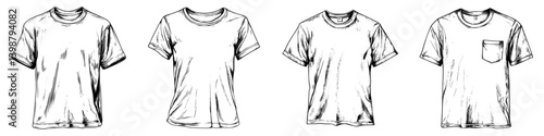 Different styles of casual t-shirts lined up for display in a simple, hand-drawn illustration showcasing various designs