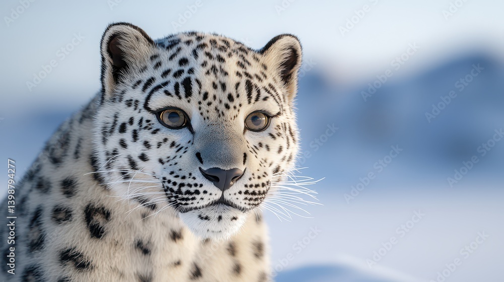 Snowy landscape wildlife photography close-up of a majestic snow leopard