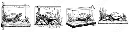 Illustrations of turtles in various aquarium settings showcasing their habitat and behavior