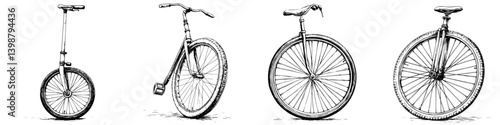 Evolution of bicycles showcasing four distinct types from unicycle to modern bicycle in a clear progression