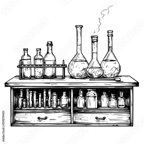Vintage laboratory with glassware and bottles displayed on wooden table in a challenging experiment setup during evening hours