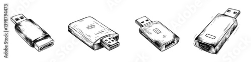 Different types of USB flash drives and adapters displayed on a flat surface with a sketchy design