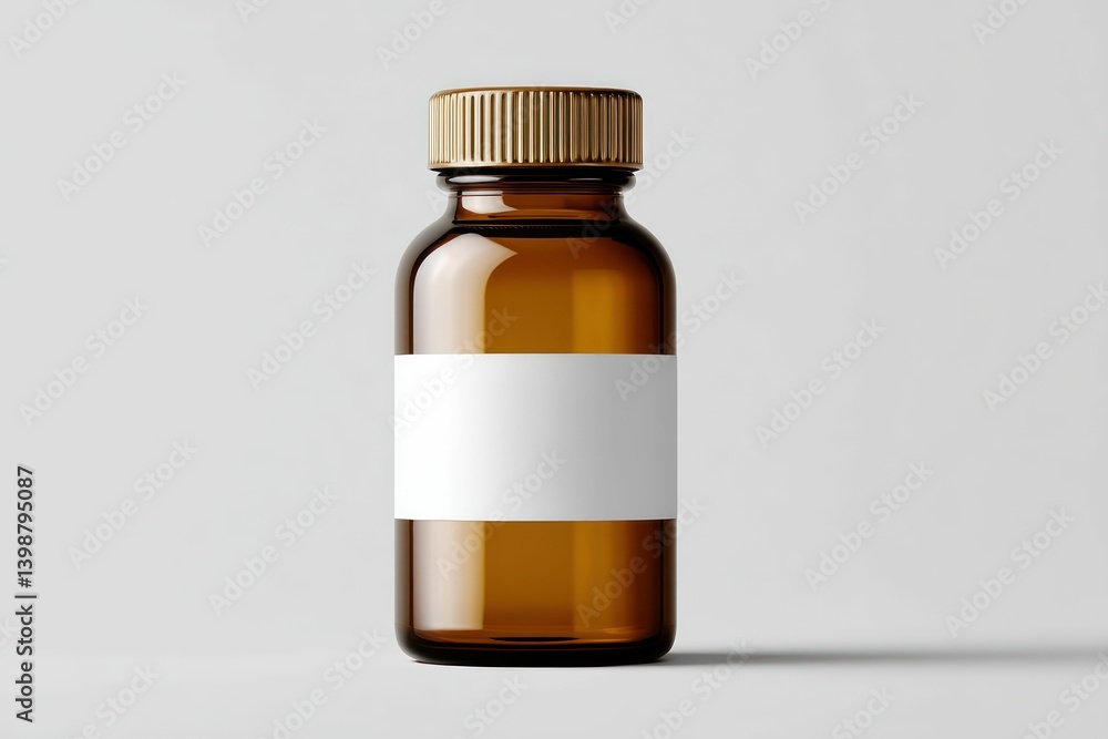 An amber glass bottle with a golden cap, perfect for product mockups, on a white backdrop. An amber glass bottle with a golden cap, perfect for product mockups, on a white backdrop.